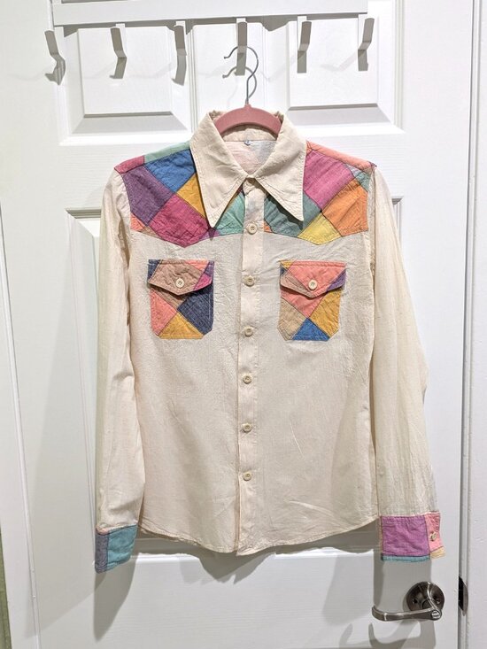 Tops - Women's Cream Casual Button-Down Shirt with Multicolor Patchwork